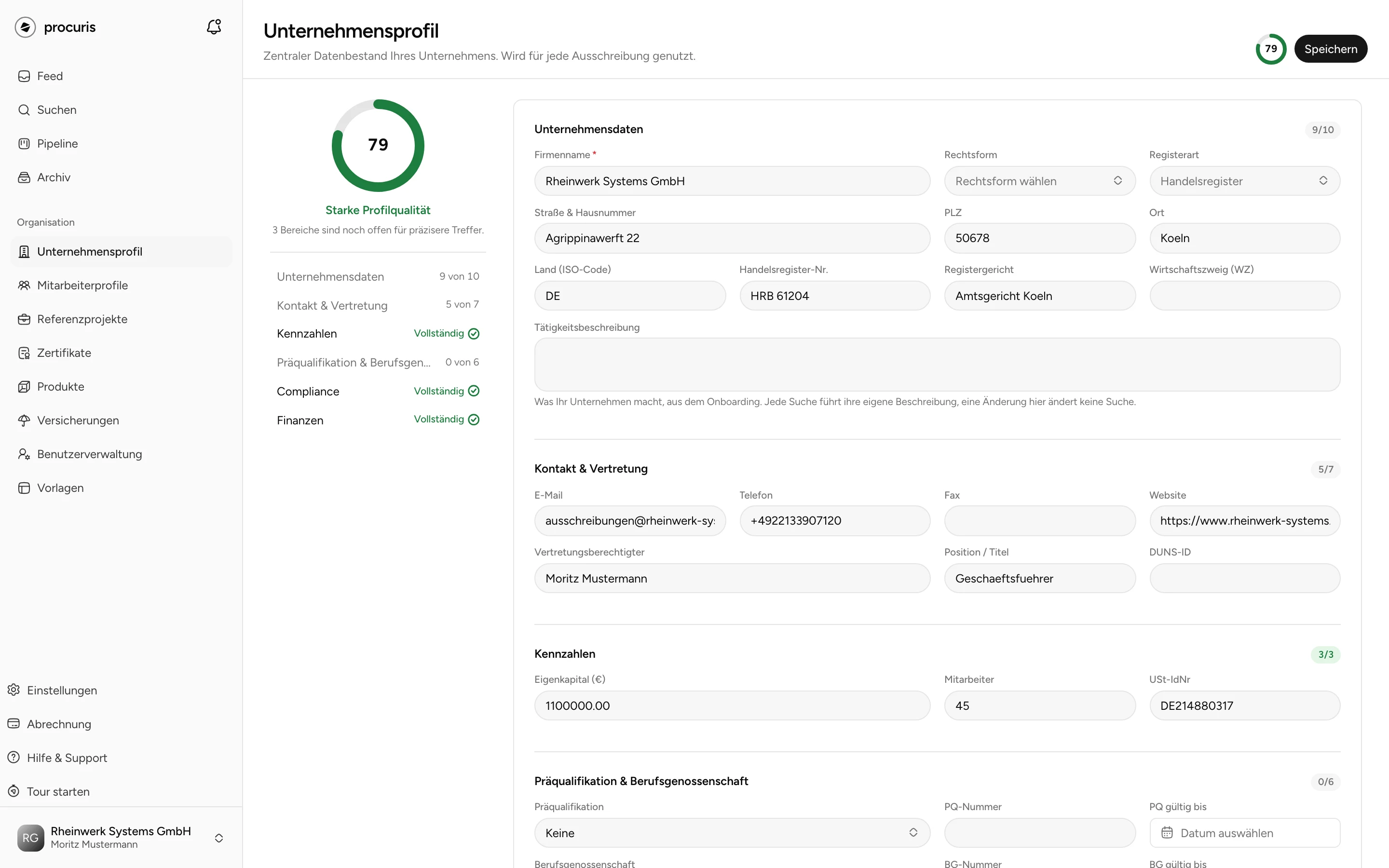 Unternehmensprofil mit dem Ring 79 und der Übersicht der Bereiche links, rechts die Felder der Unternehmensdaten, Kontakt & Vertretung und Kennzahlen