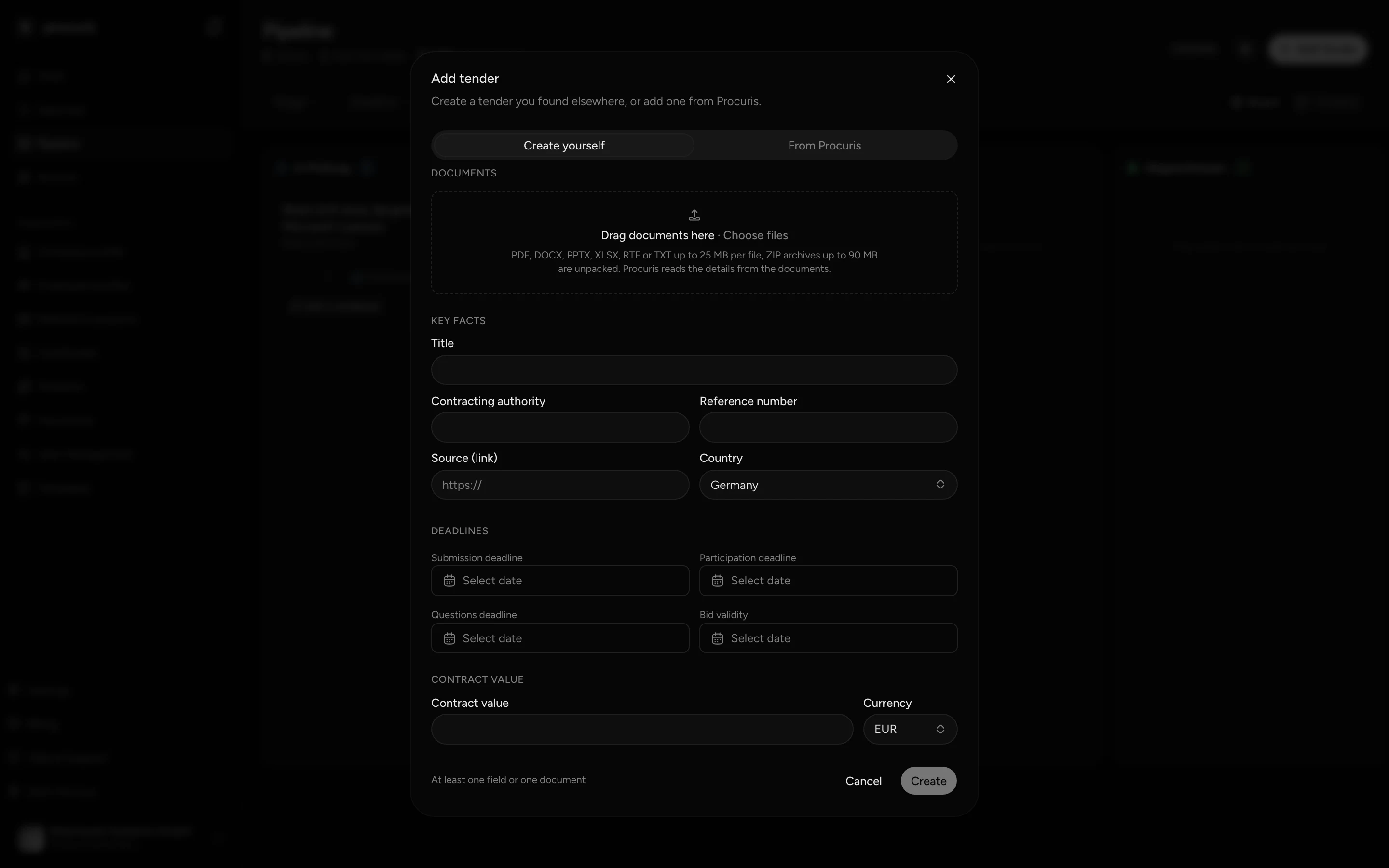 Add tender window with the Create yourself tab, the Drag documents here field and the key facts, deadlines and contract value