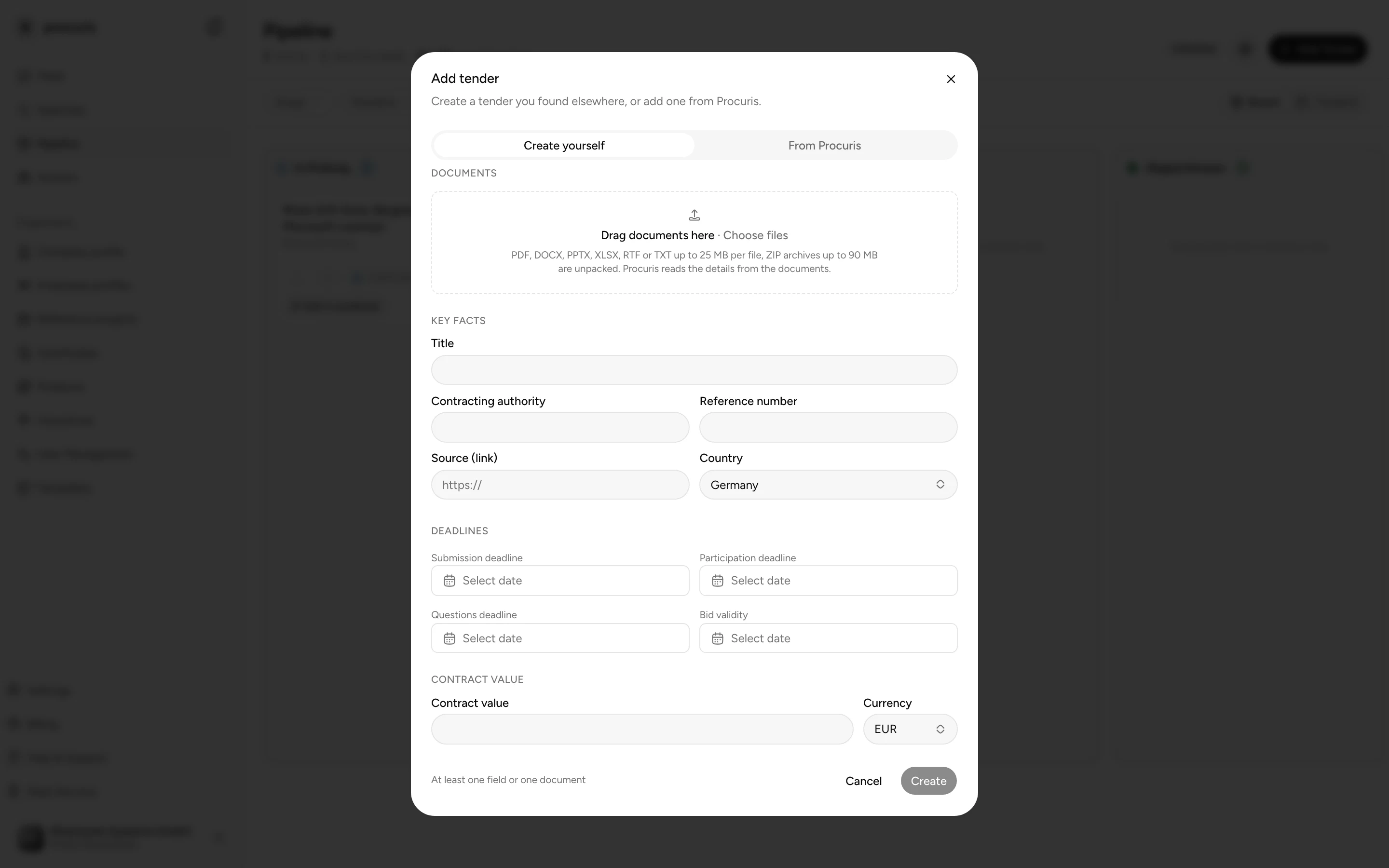 Add tender window with the Create yourself tab, the Drag documents here field and the key facts, deadlines and contract value